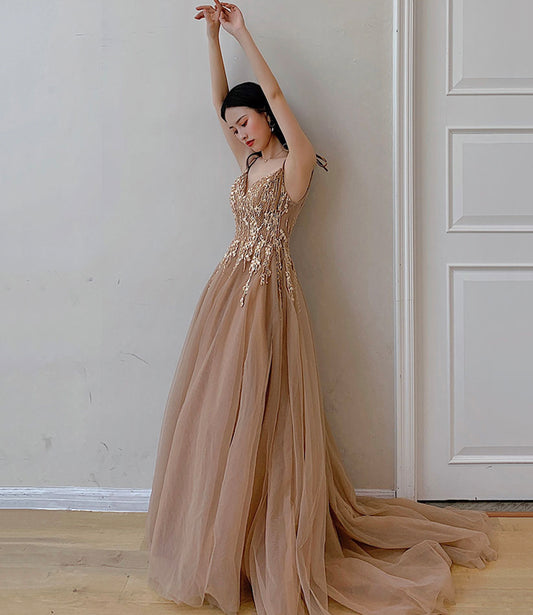 Cute A line v neck lace long prom dress evening dress  10364