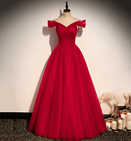 Red tulle long A line prom dress red evening dress  8639