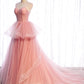 Pink tulle long prom dress pink evening dress  8518