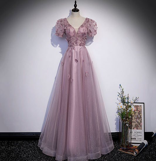 Pink tulle sequins long prom dress pink evening dress  10181