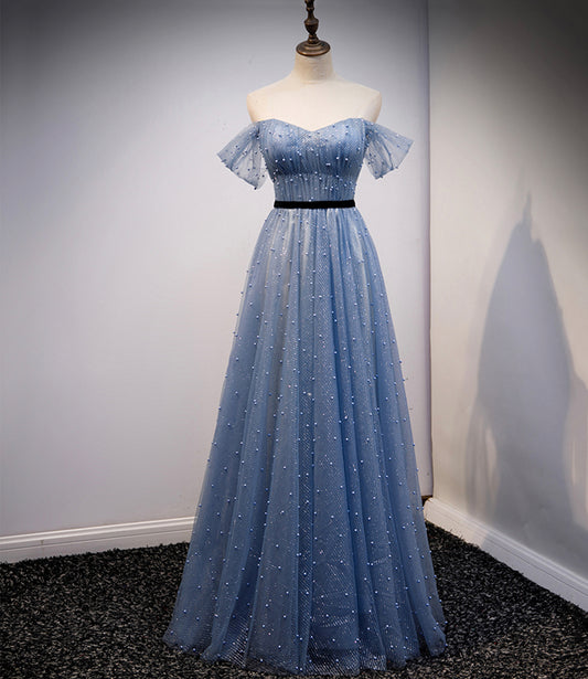 Blue tulle long A line prom dress evening dress  8686