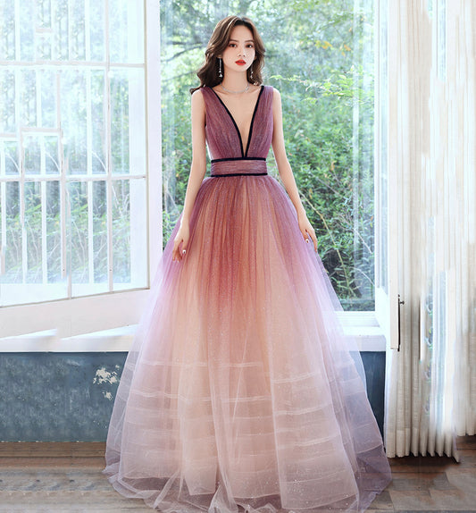 Pink v neck tulle long prom dress evening dress  8606