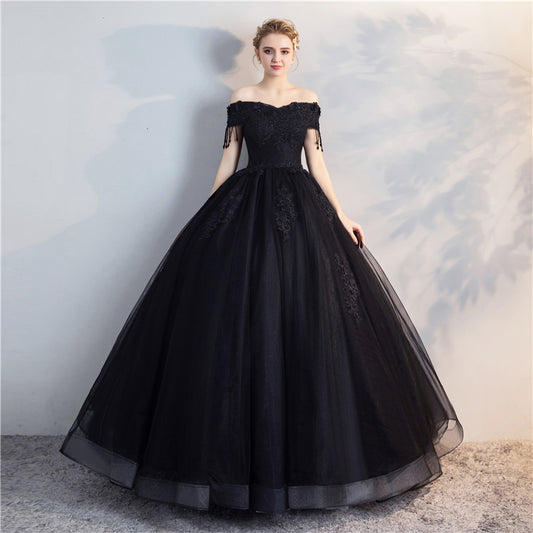 Black tulle lace long prom gown, cheap evening dress  8137