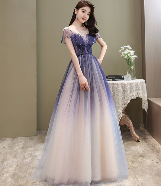 Cute tulle long A line prom dress cute evening dress  8666