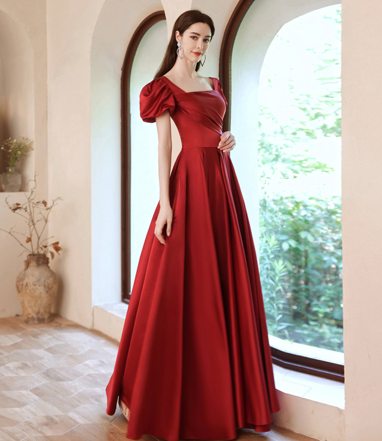 Langes A-Linien-Abschlussballkleid aus rotem Satin, rotes Abendkleid 10529