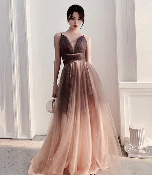 Cute tulle long A line prom dress evening dress  8858