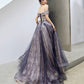 Purple tulle sequins long prom dress A line evening gown  10204