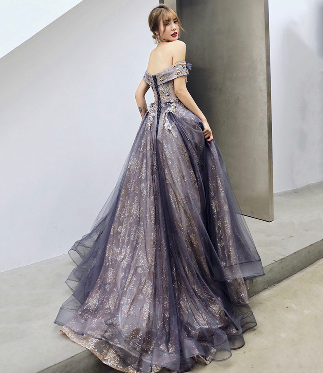 Purple tulle sequins long prom dress A line evening gown  10204