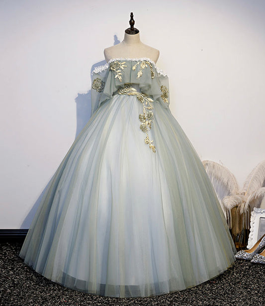 Green tulle lace long prom dress A line evening gown  10343