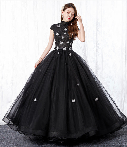 Black tulle long A line ball gown dress formal dress  8650