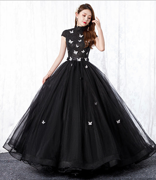 Schwarzes Tüll langes A-Linie Ballkleid formelles Kleid 8650