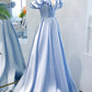 Blue satin long A line prom dress blue evening dress  8746