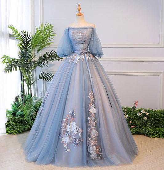 Blue tulle lace long ball gown dress formal dress  8624