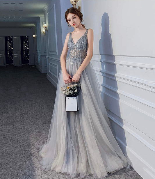 Gray tulle beads long prom dress A line evening dress  10409
