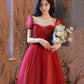 Burgundy tulle beads long prom dress evening gown  10214