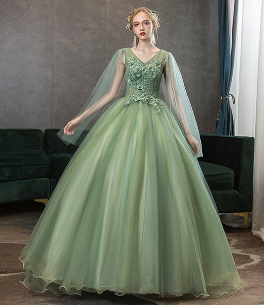 Green tulle lace long prom dress A line evening gown  10342