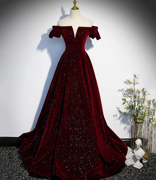 Robe de soirée longue en velours bordeaux Robe de soirée trapèze 10274