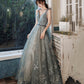 Gray tulle sequins long prom dress evening gown  10121