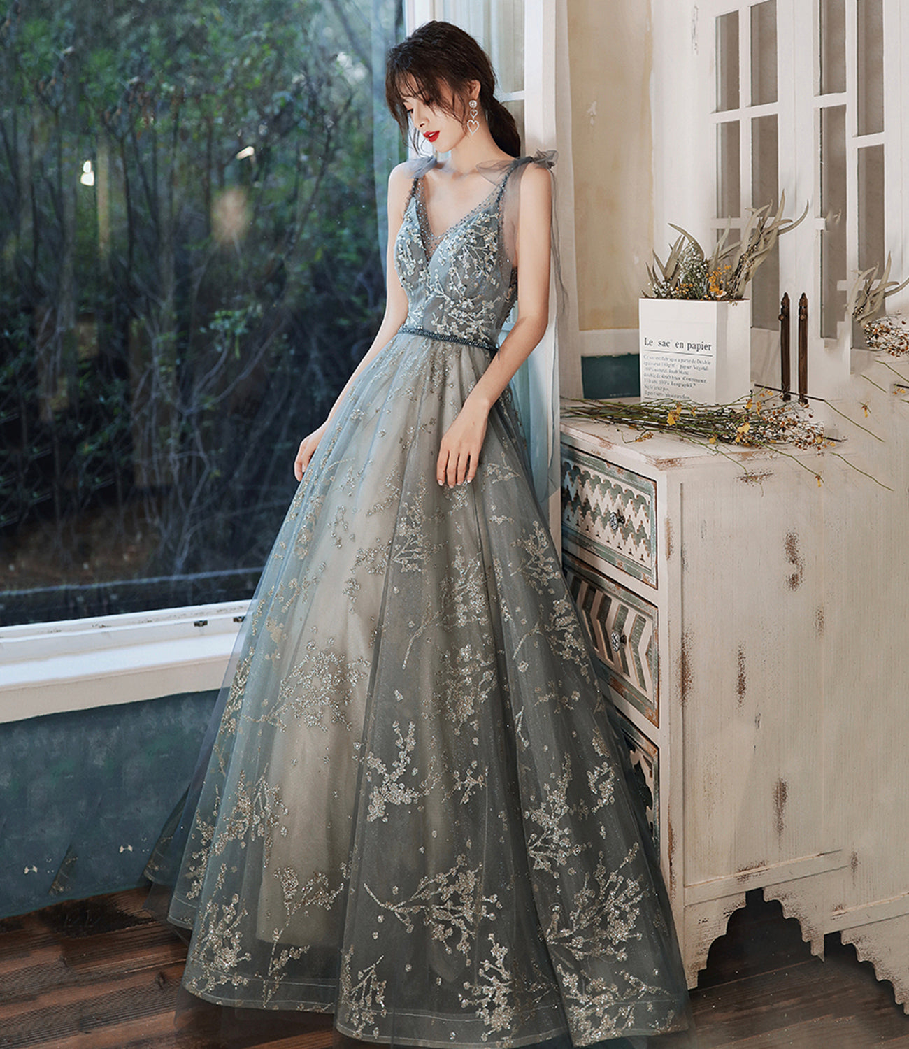 Gray tulle sequins long prom dress evening gown  10121