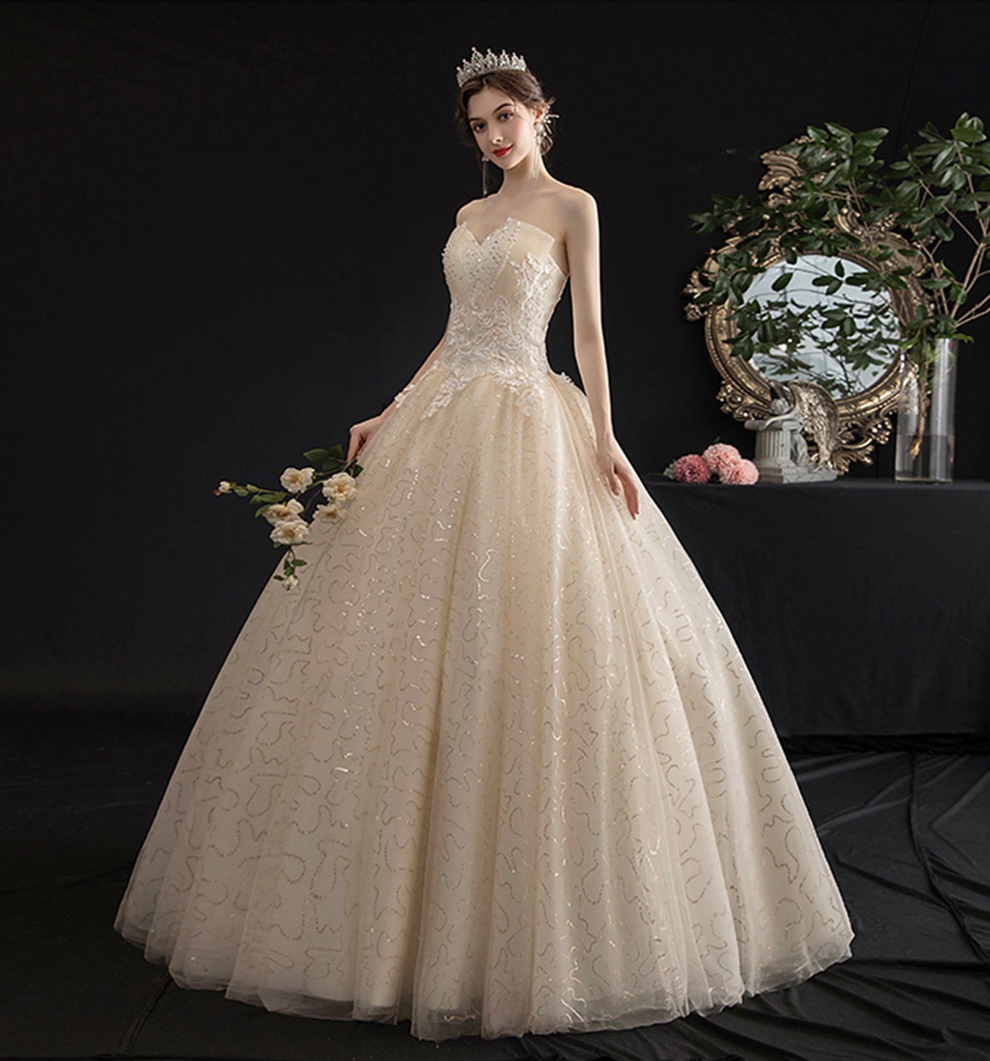 Champagne tulle sequins long ball gown dress  10087