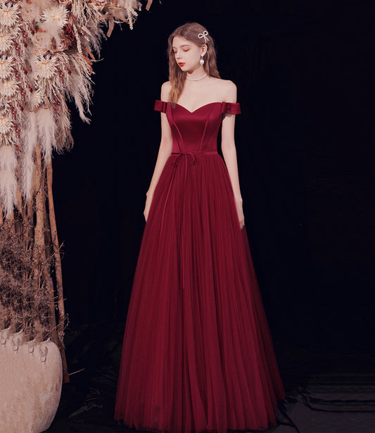 Burgundy tulle long A line prom dress evening dress  8678