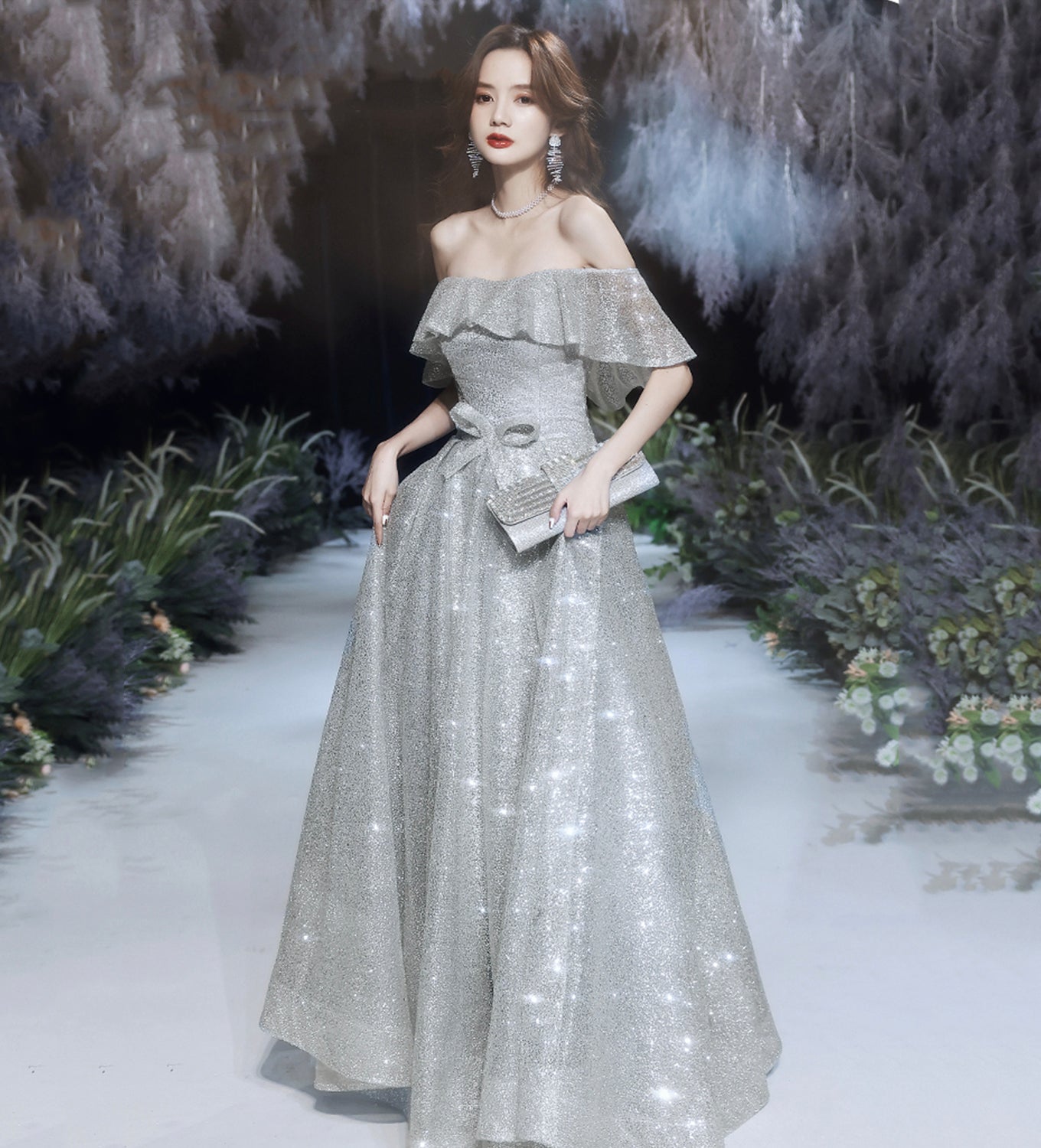 Silver sequins long prom dress shiny evening dress  8509