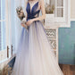 Stylish v neck tulle long A line prom dress blue evening dress  8725