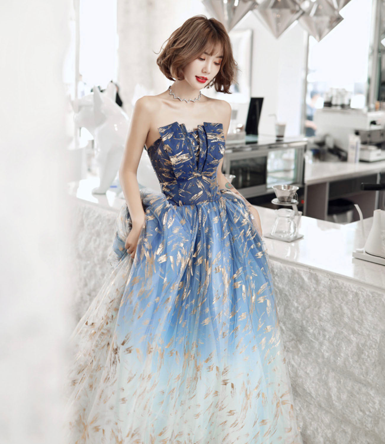 Blue tulle long prom dress blue evening dress  10590