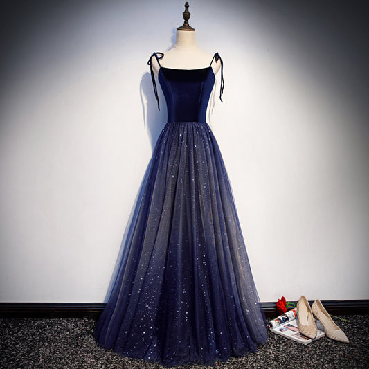 Robe de bal longue en tulle et velours bleu, robe de soirée bleue 7914