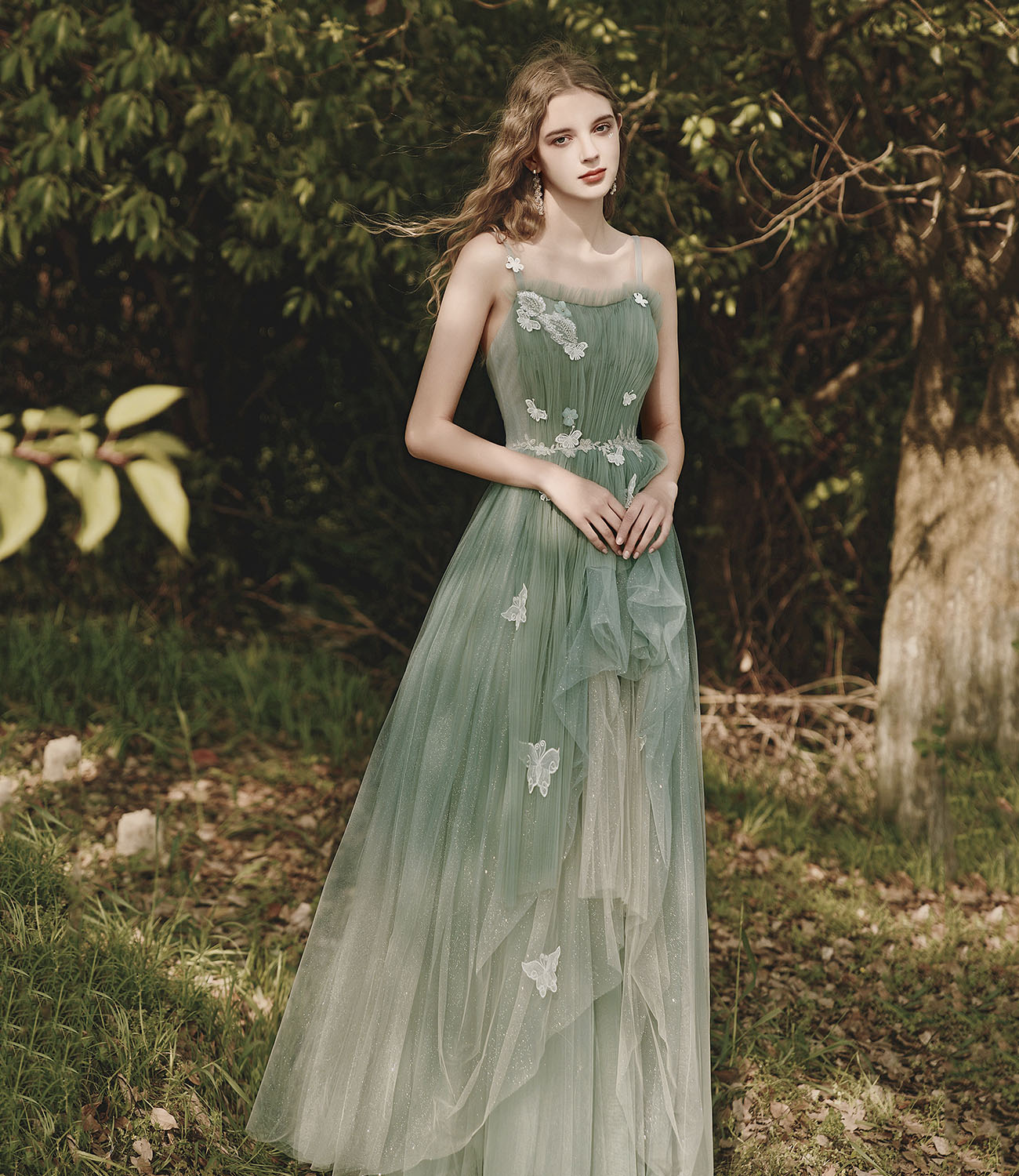 Green tulle lace long prom dress A line evening dress  10419