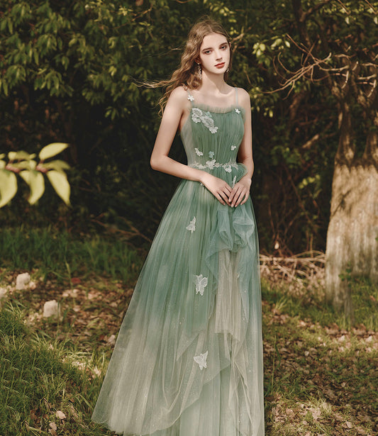 Green tulle lace long prom dress A line evening dress  10419