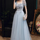 Gray tulle lace long A line prom dress evening dress  8698