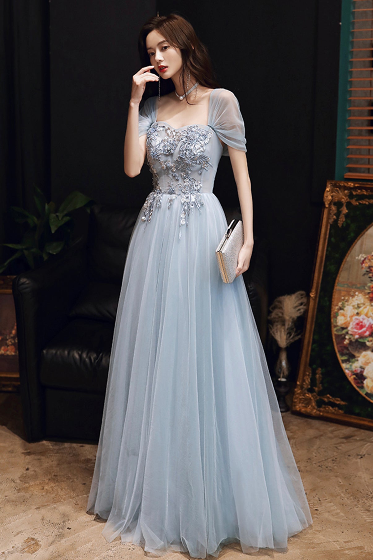 Gray tulle lace long A line prom dress evening dress  8698