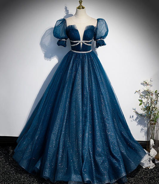 Blue tulle sequins long prom dress blue evening gown  10223
