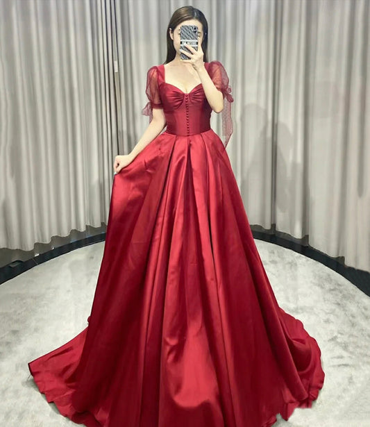 Red satin long prom dress A line evening gown  10354