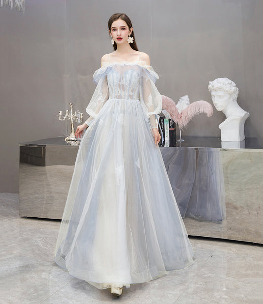 Cute tulle lace long prom dress A line evening dress  10476