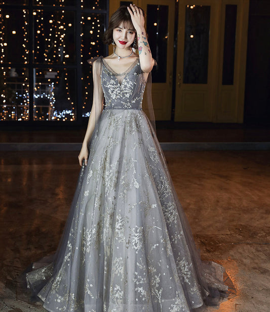 Gray tulle sequins long prom dress A line evening gown  10436