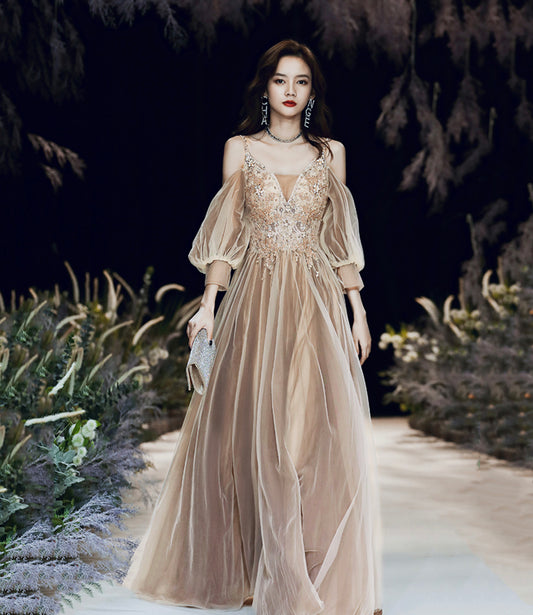 Cute tulle lace long prom dress A line evening dress  10449