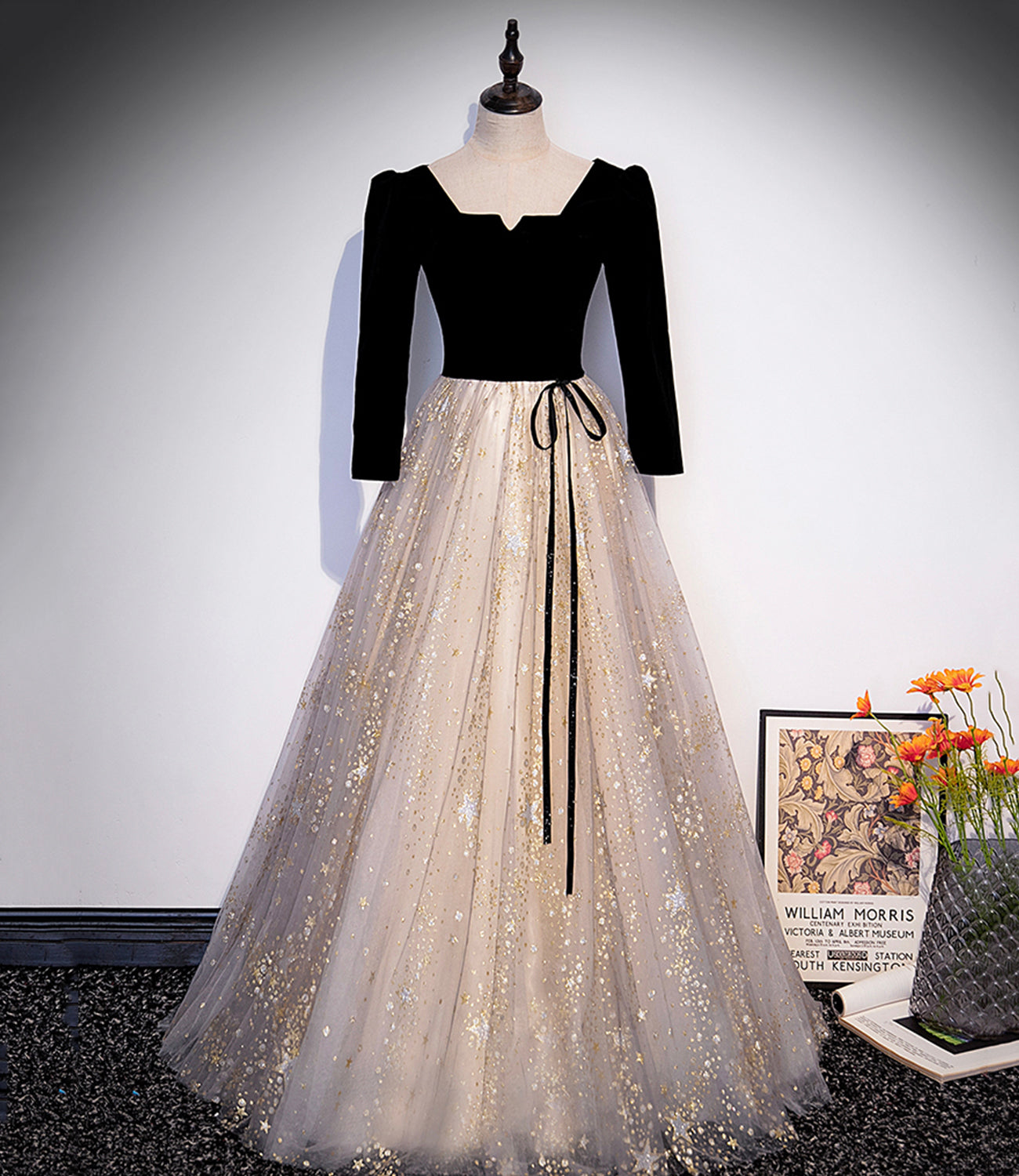 Black velvet tulle long prom dress A line evening gown  10237