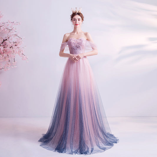 Pink tulle sequins long prom dress evening dress  8249