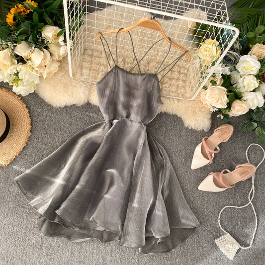 Gray Tulle Short Dress A Line Backless Dress  10817