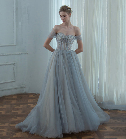 Grey tulle beads long prom dress evening dress  8498