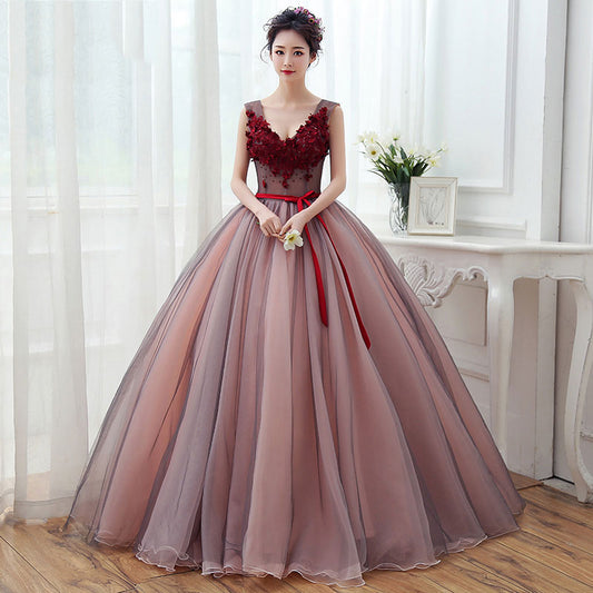 A line v neck lace tulle long prom dress, evening dress  7996