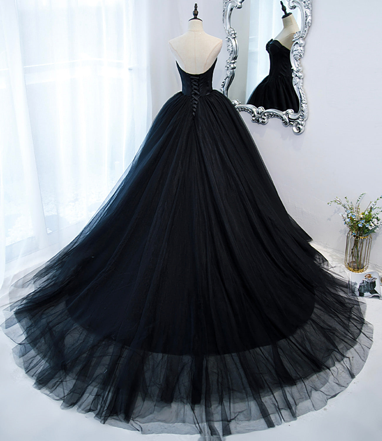Black tulle long ball gown dress black evening gown  10152