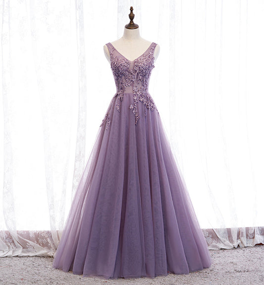 Purple v neck long A line prom dress lace evening dress  8586