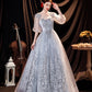 Gray tulle lace long prom dress A line evening gown  10508