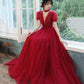 Burgundy tulle long A line prom dress evening dress  8757
