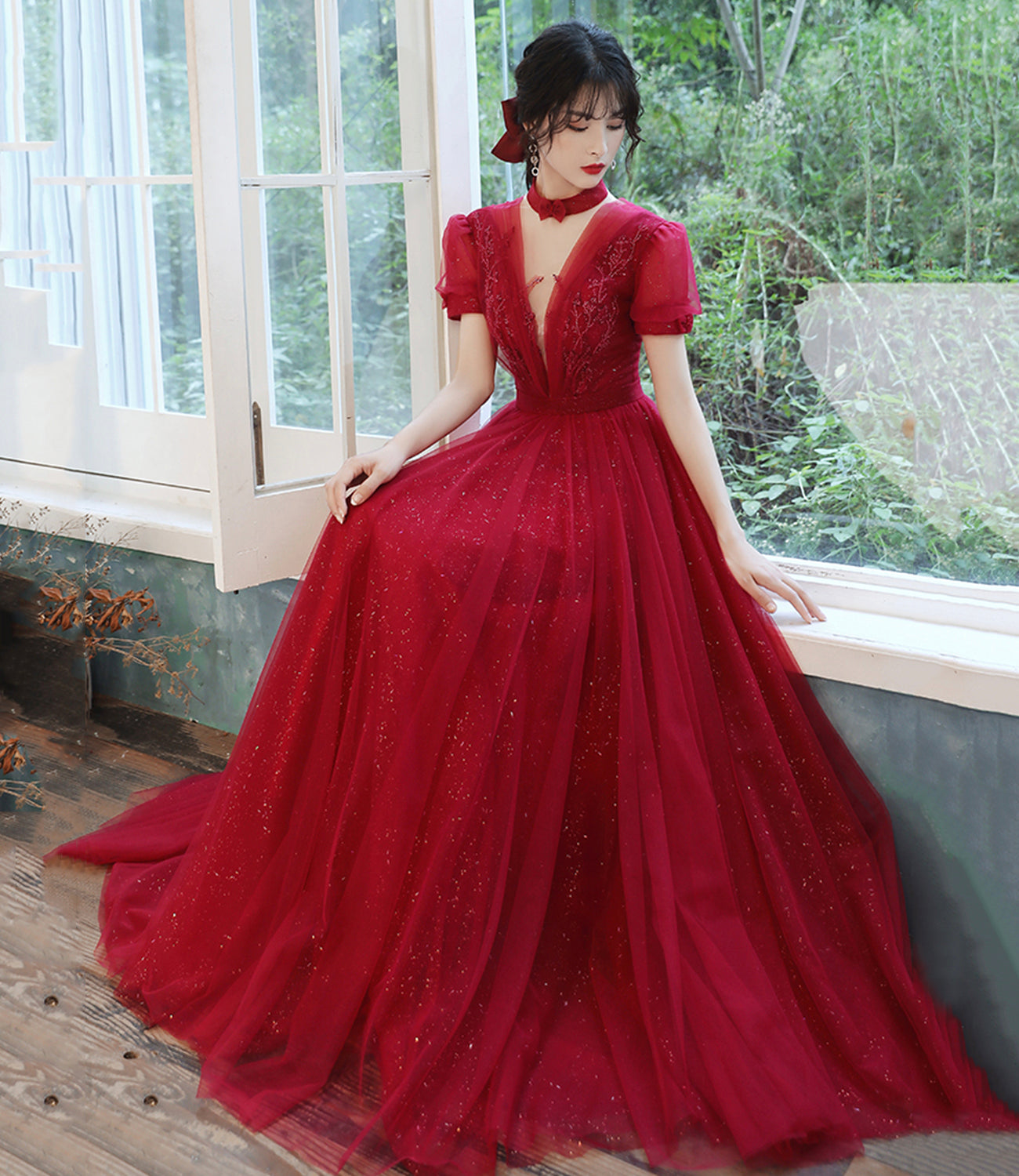 Burgundy tulle long A line prom dress evening dress  8757