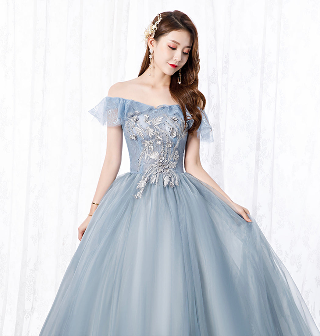 Grey tulle lace long prom gown A line evening dress  8629