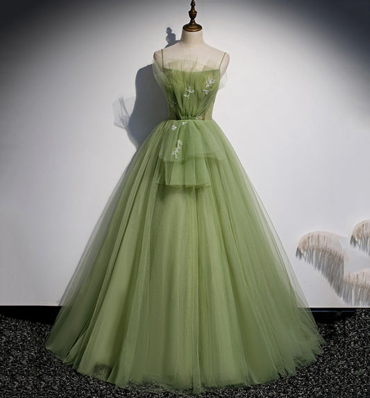 Green tulle long A line prom dress  8589